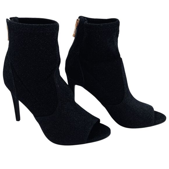 Guess Black Sparkle Fabric Stretch Open Toe Zip Back Stilletto Heels Booties 10M - Picture 3 of 9